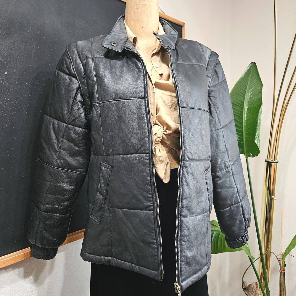 Fitzwright Black Leather Quilted Puffer Jacket Zip Off Sleeves Vest Mens Medium